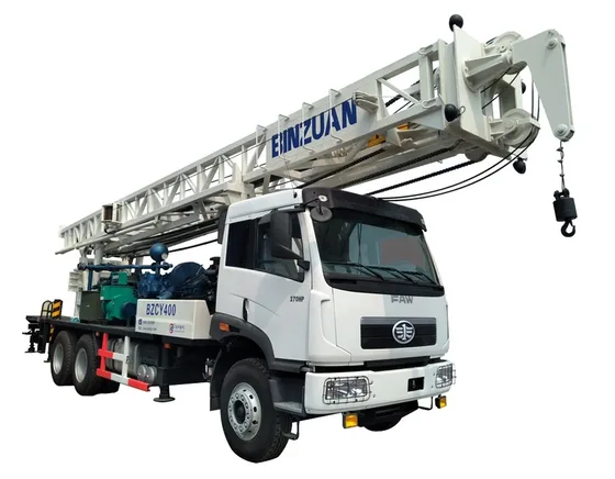 Front view of the BINZUAN 400m truck-mounted drilling rig on a SINOTRUK HOWO chassis, showing the mast and mud pump