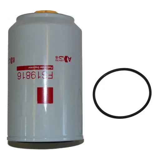 Black iron fuel filter FS19816 mounted on a diesel engine, front view showing thread and housing