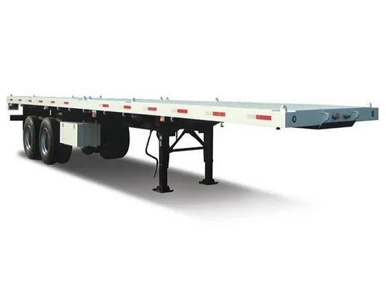 Side view of a 40ft flatbed trailer with 3 axles, white body, and 12R22.5 tyres