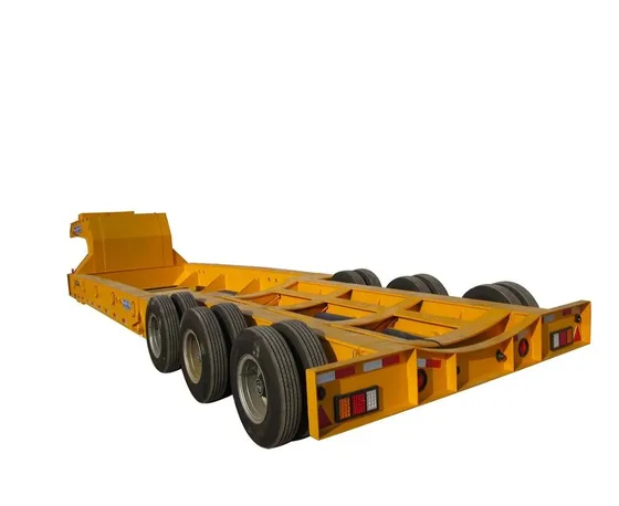 Side view of a 3-axle low bed semi-trailer with leaf spring suspension and 1200R20 tyres