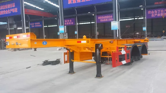 Front view of the trailer showing the 13-ton Fuwa axles and leaf spring suspension