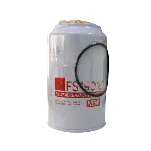 Black iron fuel filter FS19922 on a white background, front view showing thread and mounting flange