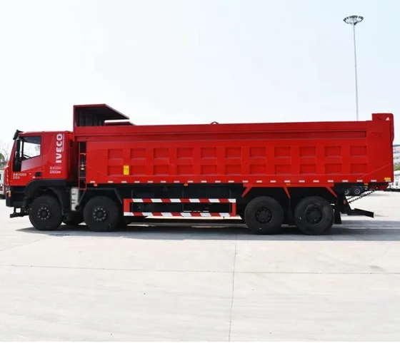 Rear view of the dump truck with hydraulic lift system and mud flaps