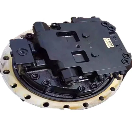 Black final drive TM50 travel motor assembly mounted on a steel stand, front view showing gear housing and mounting flanges
