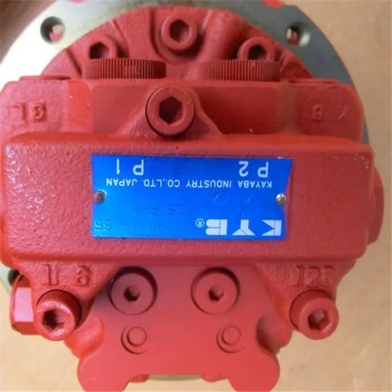 Red MAG-18VP-230E-2 B0240-18022 final drive unit mounted on a workbench, front view showing mounting flanges and shaft