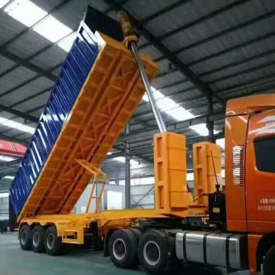 Side view of a 3-axle rear dump semi trailer with steel body and 1200R20 tyres