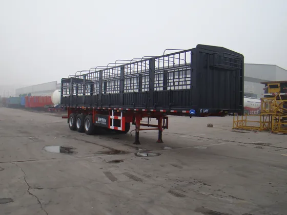 Side view of a 40ft drop-side semi-trailer with three 13-ton axles and leaf spring suspension