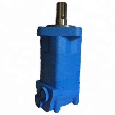 Black hydraulic orbit motor model 2K-100 mounted on a metal stand, front view showing shaft and mounting flange