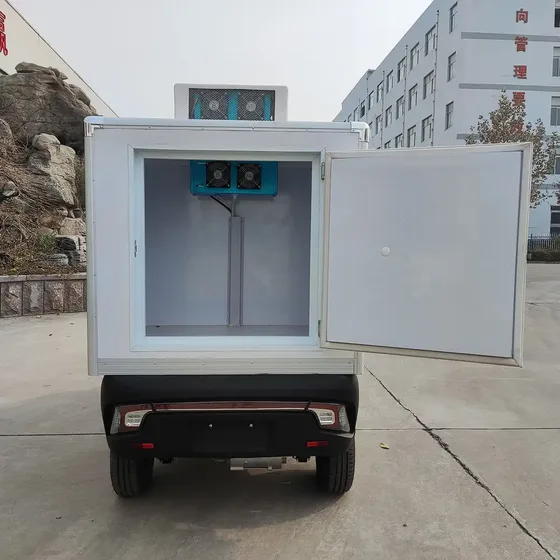 Rear view of the van with cargo box, rear door, and integrated rearview camera
