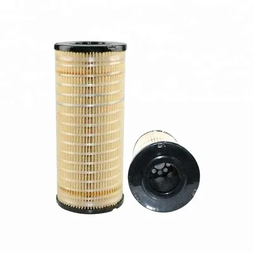 Side view of the fuel filter showing the steel housing and paper filter element, with mounting flange visible
