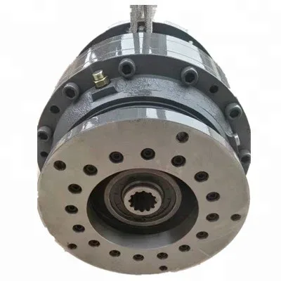 Close-up of the gearbox output shaft and flange, showing bolt holes and alignment marks