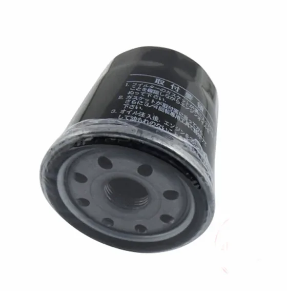 Side view of the oil filter with iron housing and blue finish, placed on a clean surface