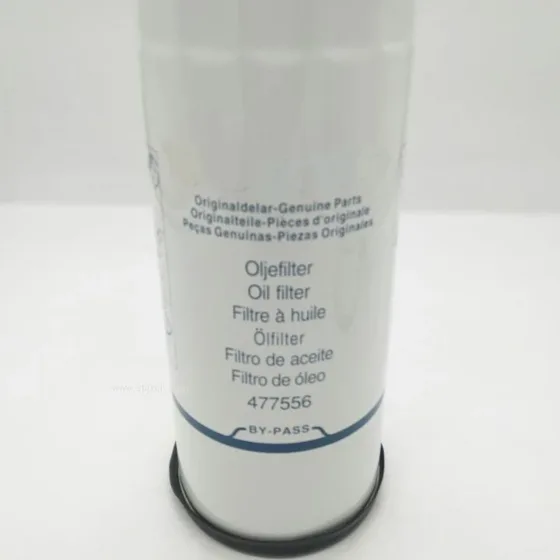 Black iron truck engine oil filter with OEM number 477556, side view with thread and sealing ring