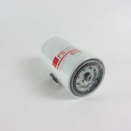 Black iron fuel water separator filter FS1212 mounted on a diesel engine fuel line