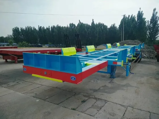 Rear view showing the fifth wheel coupling and mud flaps on the trailer deck