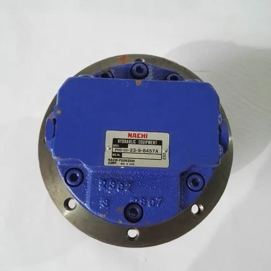 Mounted travel motor on an excavator track frame, showing integration with final drive