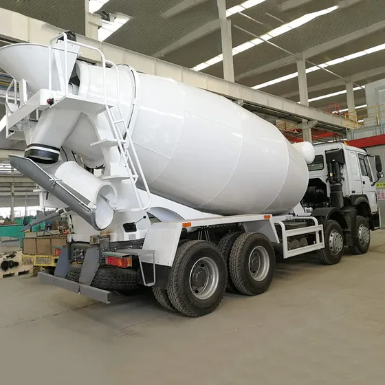 Side view of the mixer truck showing the 12.00R20 tyres, 9930mm length, and drum rotation mechanism
