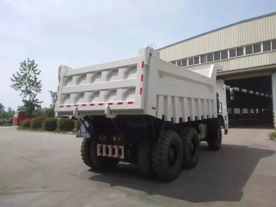 Front view of the dump truck with ZF8098 steering unit and front grille detail