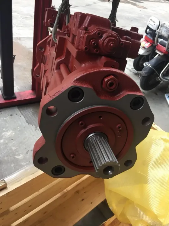 Close-up of the pump's drive shaft and mounting flange, showing precision machining