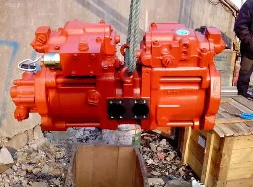 K3V63BDT hydraulic main pump mounted on a test bench, showing the pump body and drive end