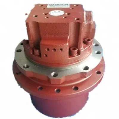 Close-up of the EX30-2 travel motor housing with part number label and mounting bolt holes visible