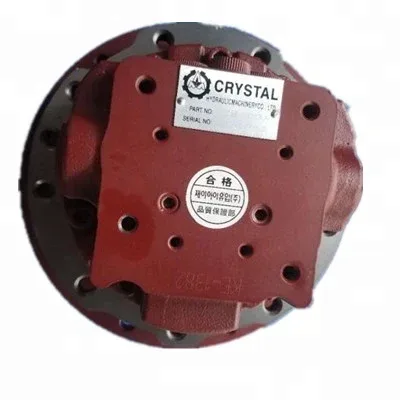 MAG-18V-220 final drive EX30-2 travel motor mounted on a test bench, showing the hydraulic ports and mounting flanges