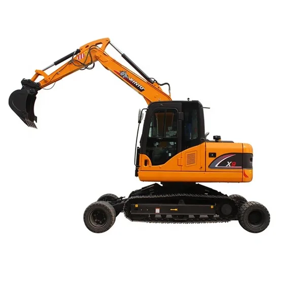 Front three-quarter view of the Rhinoceros X9 wheeled crawler excavator on a yard, showing wheels and track conversion mechanism