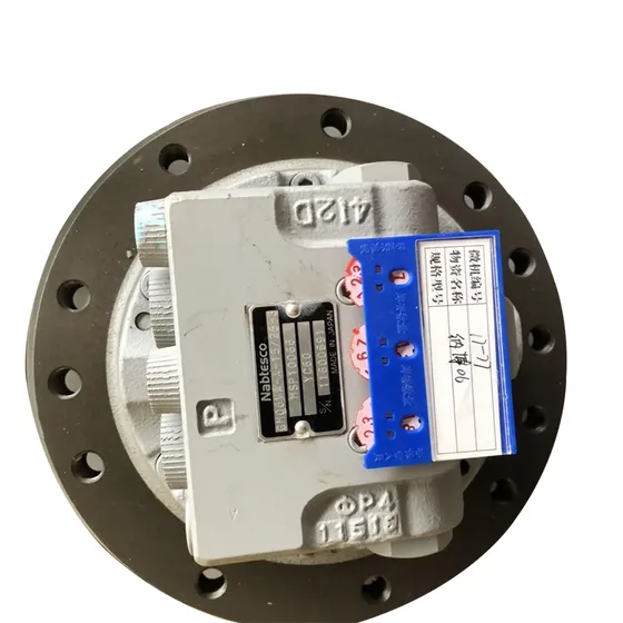 Side view of the steel final drive unit showing the shaft end and mounting bolt holes