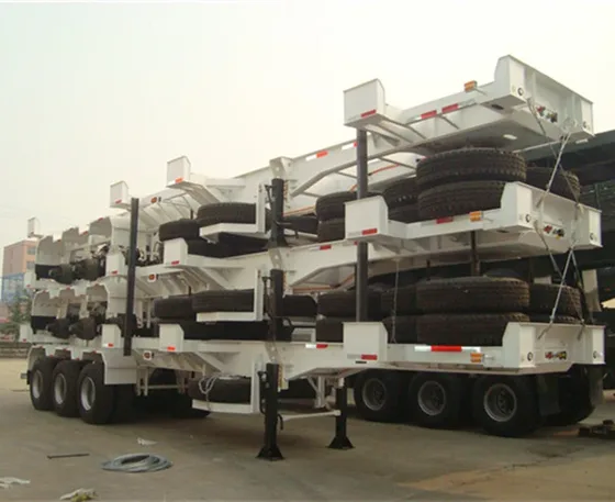 Side view of a 40ft container trailer skeleton semi-trailer with two 13-ton Fuwa axles and leaf spring suspension
