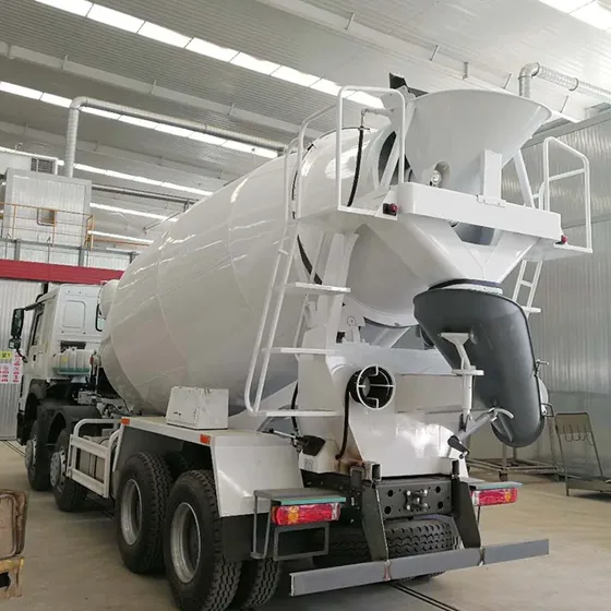 Rear view of the mixer truck with drum discharge mechanism and air brake lines