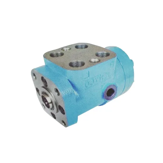 BZZ540 hydraulic steering control unit mounted on a metal plate, front view showing inlet and outlet ports