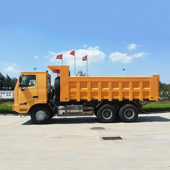 View of the HOWO 70T mining dump truck's tyres and wheels