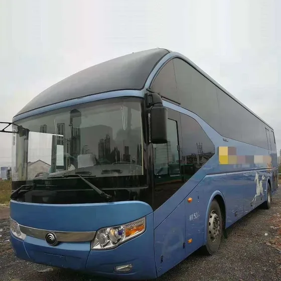Blue Yutong ZK6127H bus parked on a yard, front three-quarter view