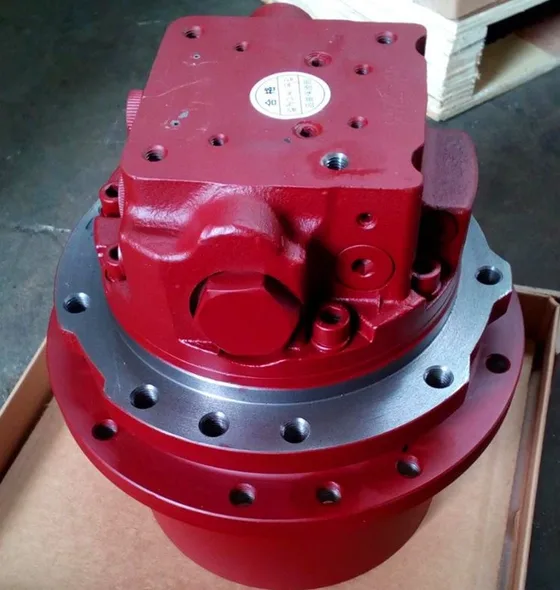 Black hydraulic travel motor mounted on a steel bracket, front view with pump interface visible