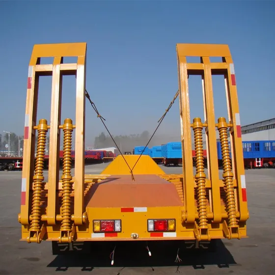 Side view of a 3-axle lowbed semi-trailer with 1200R20 tyres and leaf spring suspension
