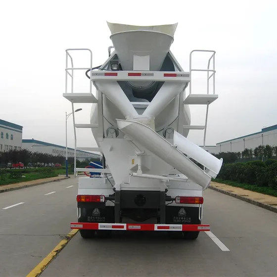 Side view of the cement mixer truck showing the 8560mm length, 12.00R20 tyres, and drum rotation mechanism