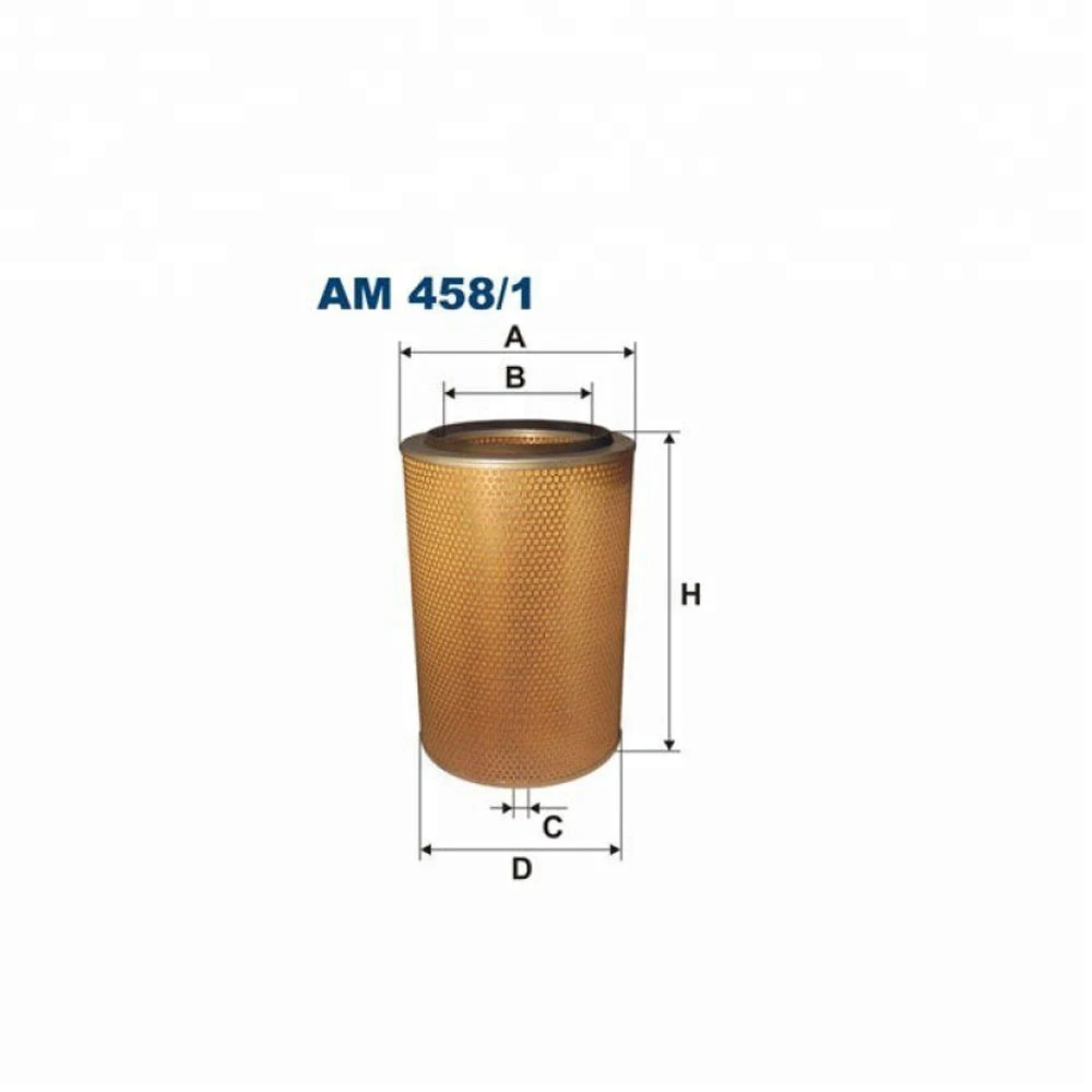 Black and grey air filter unit with round shape and metal flange, mounted on a metal bracket