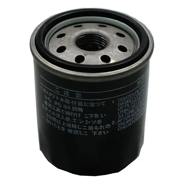 Black iron Toyota oil filter 90915-YZZE1 on a white background, front view showing thread and housing