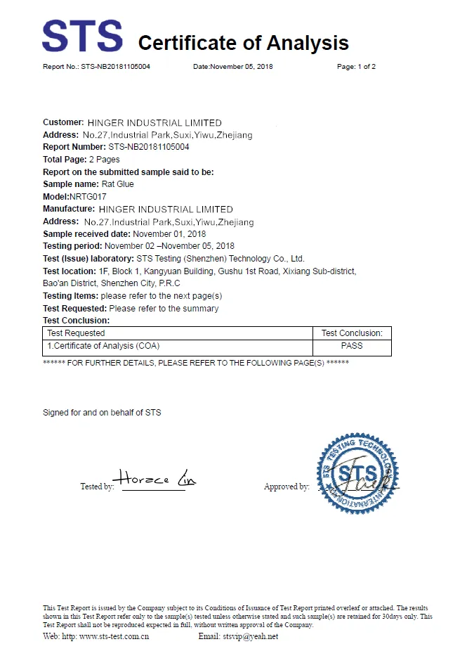 STS Certificate of Analysis for rat glue NRTG017, result PASS, 5 November 2018