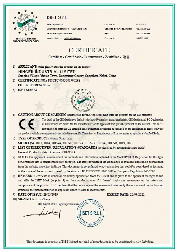ISET CE certificate for mouse snap traps, issued to Hinger Industrial Limited on 29 May 2019