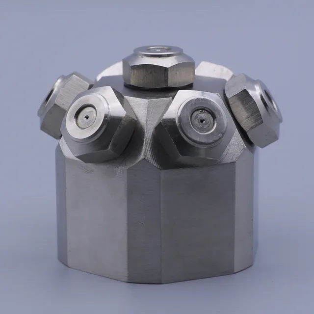 Stainless steel multi-nozzle spray head with hexagonal body and multiple fittings