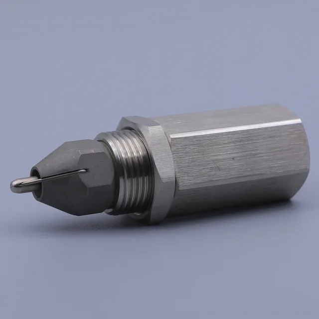 Stainless steel hex nozzle with threaded connection and fine tip