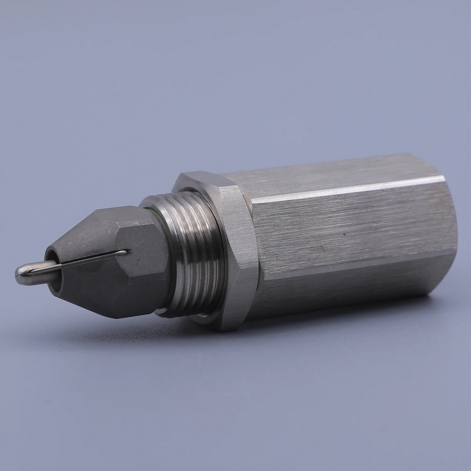 Stainless steel hex nozzle with threaded connection and fine tip