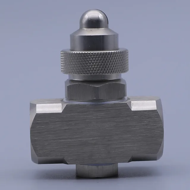 Stainless steel industrial flow meter with knurled adjustment dial and hexagonal body