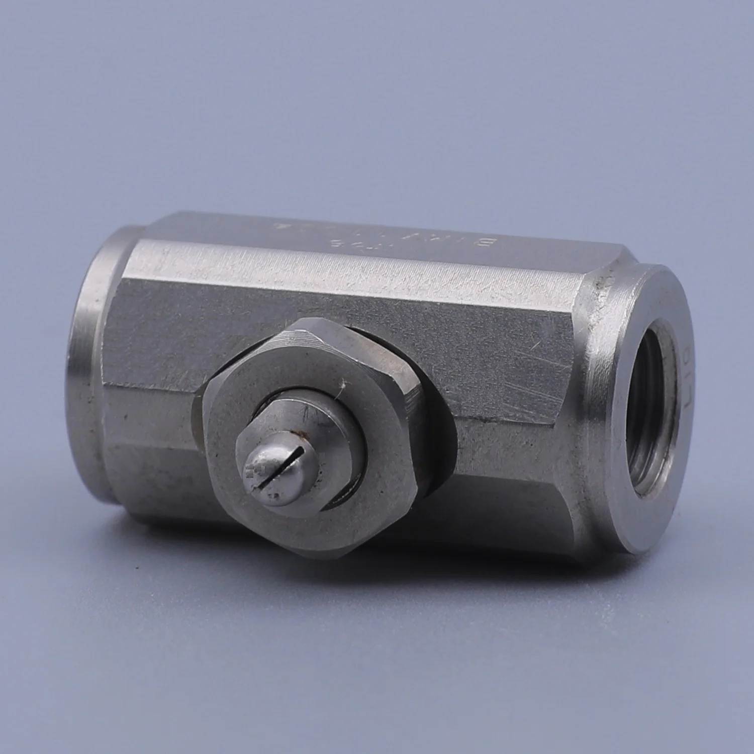 Stainless steel inline valve fitting with slotted screw and threaded port