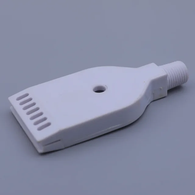 White plastic attachment with threaded connector and ventilation slots