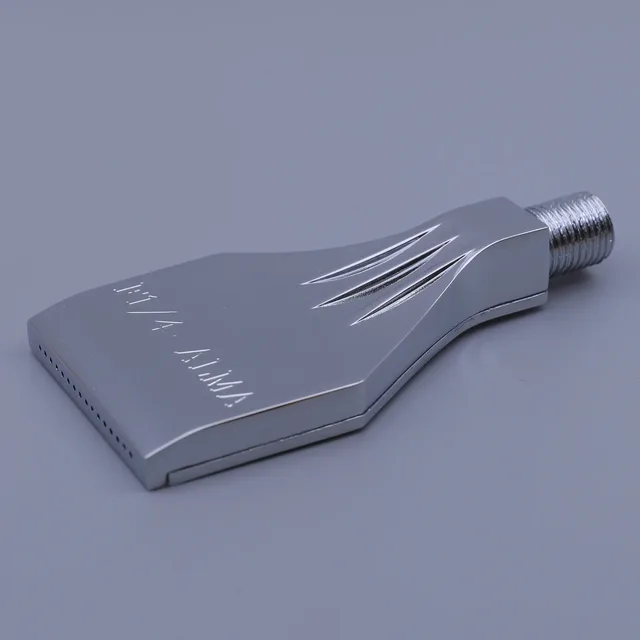 A polished metal air knife nozzle with a threaded connection and engraved size markings