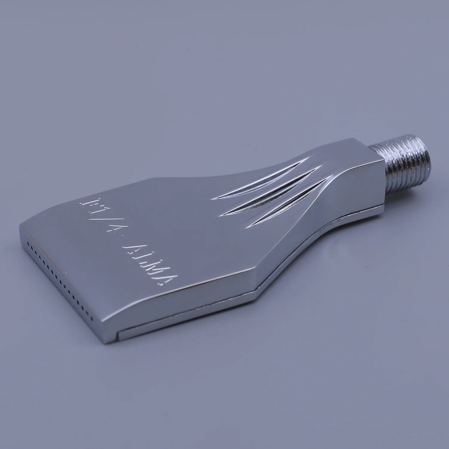 A polished metal air knife nozzle with a threaded connection and engraved size markings