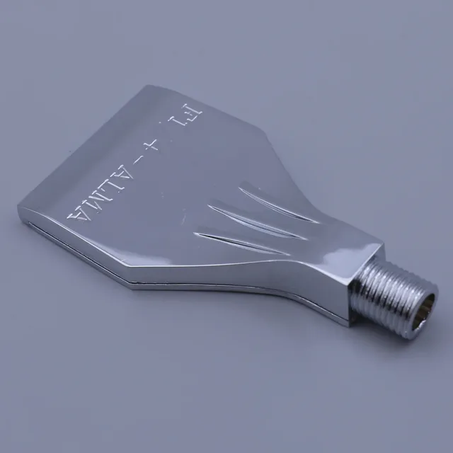 Chrome-plated flat nozzle attachment with a threaded male connection on a grey background