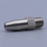 Stainless steel nozzle with external threads and a hex body on a plain background